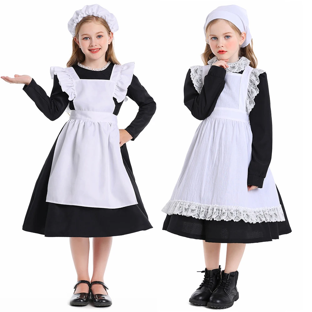 2-16Y Toddler Children Tween Teens Girls America Colonial Pilgrim Girl Costume Lovely Black White Maid Dress Umorden