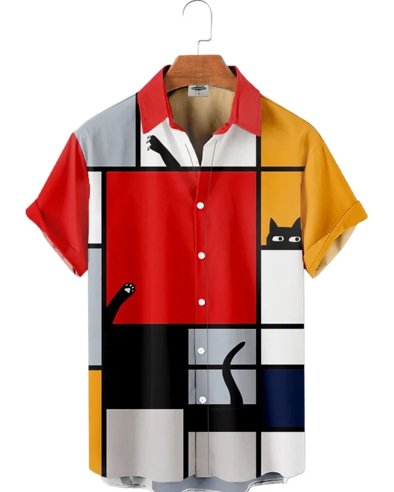 Men Shirts 3d Geometric Art Colorful Abstract Oil Painting Printed Men's Short Sleeve Shirts Fashion Unisex Hawaiian Button Top