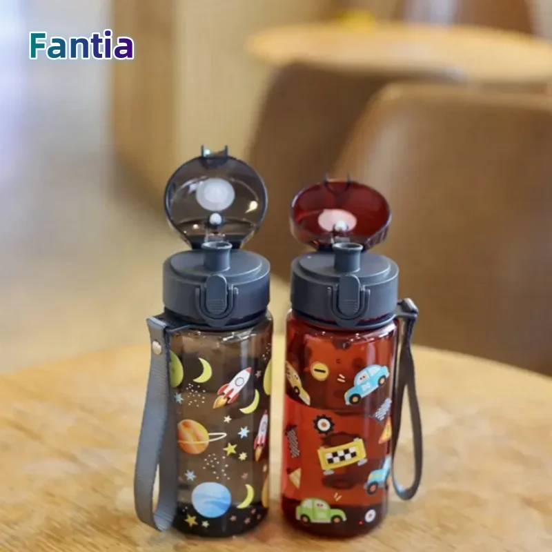 3D Printed 400ml Cartoon Space/Car/fish/ Pattern Plastic cup Water Bottle Portable Cute Straw Cup Leak-proof Drinking