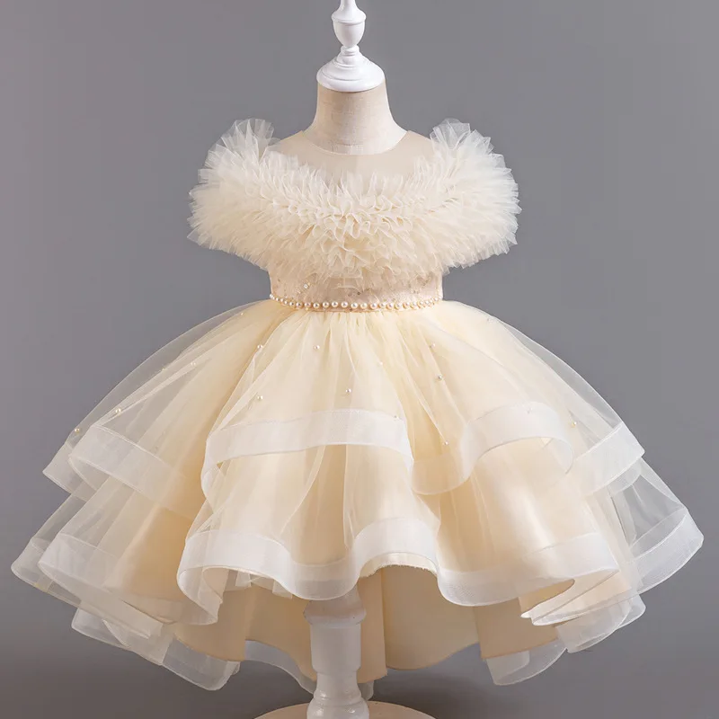 Fashion Solid Color Girl Evening Gown Lace Mesh Sleeveless Party Dress for Kids Girl Summer Children Girls Party Dress 3-12Years