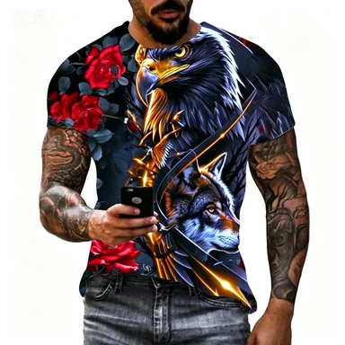 Eagle and Snake Printed T-shirt Loose Breathable Trendy Brand Men's Short Sleeve Eagle and Snake Printed T-shirt Loose Breathable Trendy Brand Men's Short Sleeve
