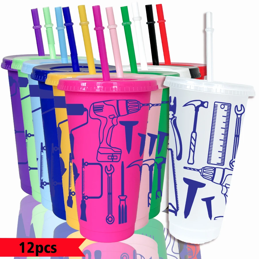 12pcs/set tool line drawing pattern 26oz colored plastic party cold cup back-to-school birthday gift gameday drinkware 12pcs/set tool line drawing pattern 26oz colored plastic party cold cup back-to-school birthday gift gameday drinkware