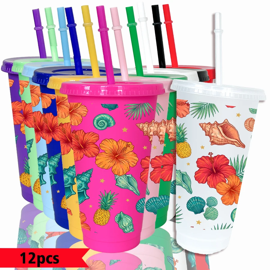 12pcs/pack Flower Shell Pineapple Pattern 26oz Colored Plastic Party Cold Drink Cup for Back-to-school Birthday Gift 12pcs/pack Flower Shell Pineapple Pattern 26oz Colored Plastic Party Cold Drink Cup for Back-to-school Birthday Gift