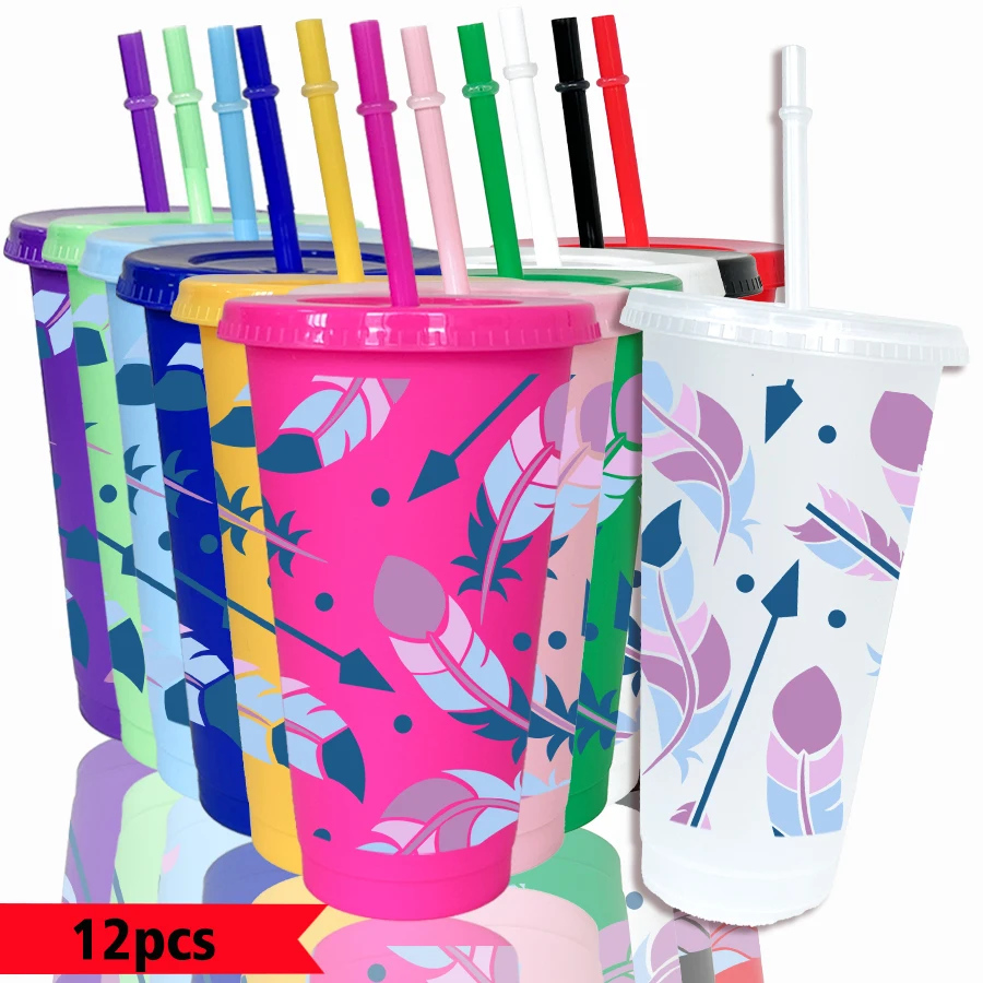 12pcs/set feather arrow pattern 26oz colored plastic party cold cup back-to-school birthday gift gameday drinkware 12pcs/set feather arrow pattern 26oz colored plastic party cold cup back-to-school birthday gift gameday drinkware