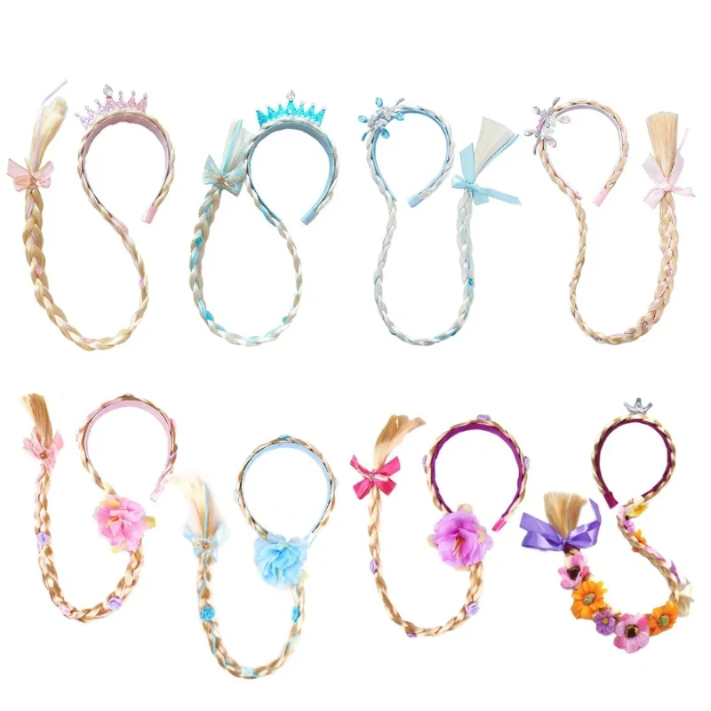 Kids Pink Blue Purple FlowerDecor Braided Hairband Stylish Wig Headwear Ideal for Fairy RolePlay Birthday and Holiday Events