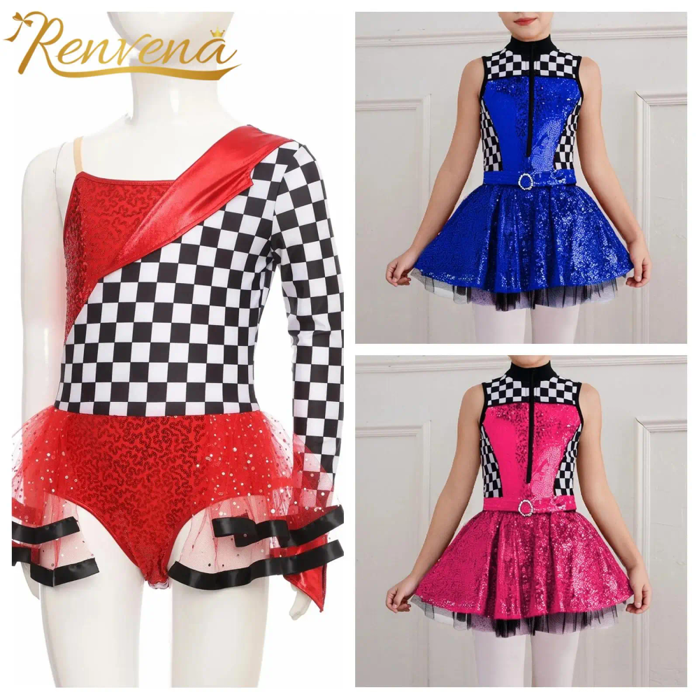 Girls Race Car Driver Costume Kids Carnivals Halloween Dress Up Role Play Outfit Racer Dress Sequins Patchwork Sleeveless Dress