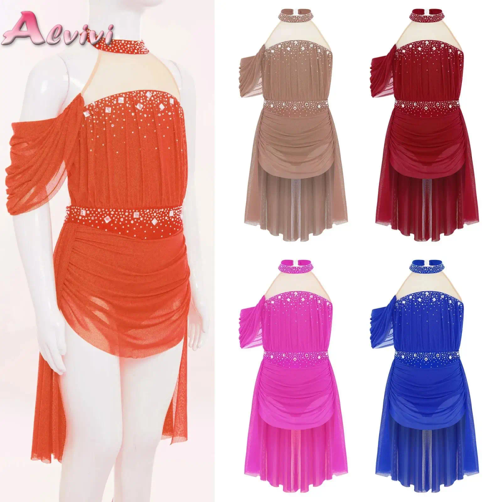 Kids Girls Ballet Leotard Dress for Lyrical Jazz Latin Dance Costume Rhinestones Ruched Mesh Gymnastics Dress Stage Dancewear