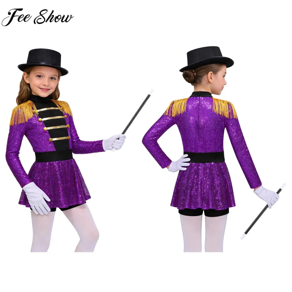 Kids Girls Circus Ringmaster Cosplay Costume Long Sleeve Sequin Dance Leotard Dress Halloween Carnival Magician Showman Clothes