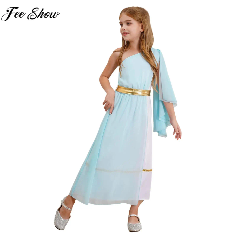 Kids Girls Ancient Greek Roman Egypt Toga Worship Choir Dance Dress Goddesses Princess Costume for Halloween Carnival Party