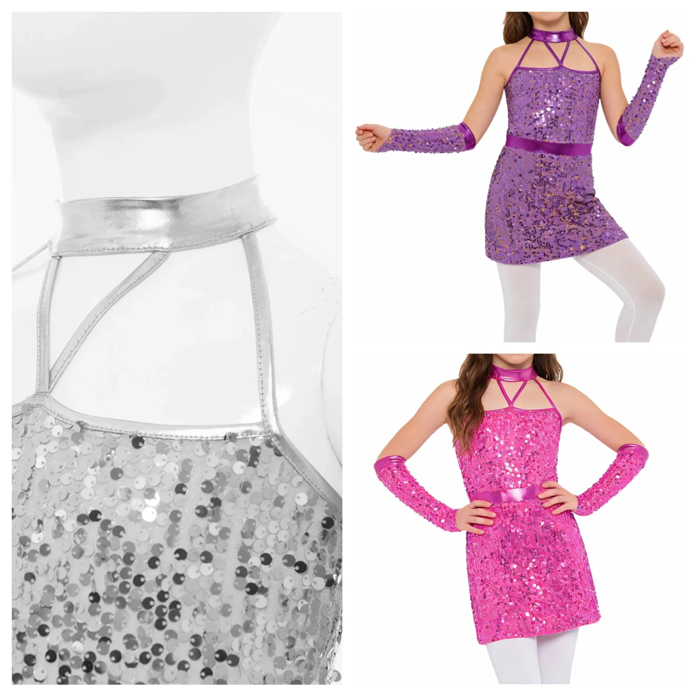 With Gloves Disco Dance Outfits Kids Girls Jazz Dance Performance Costume Halter Strappy Sleeveless Sparkling Sequins Dress