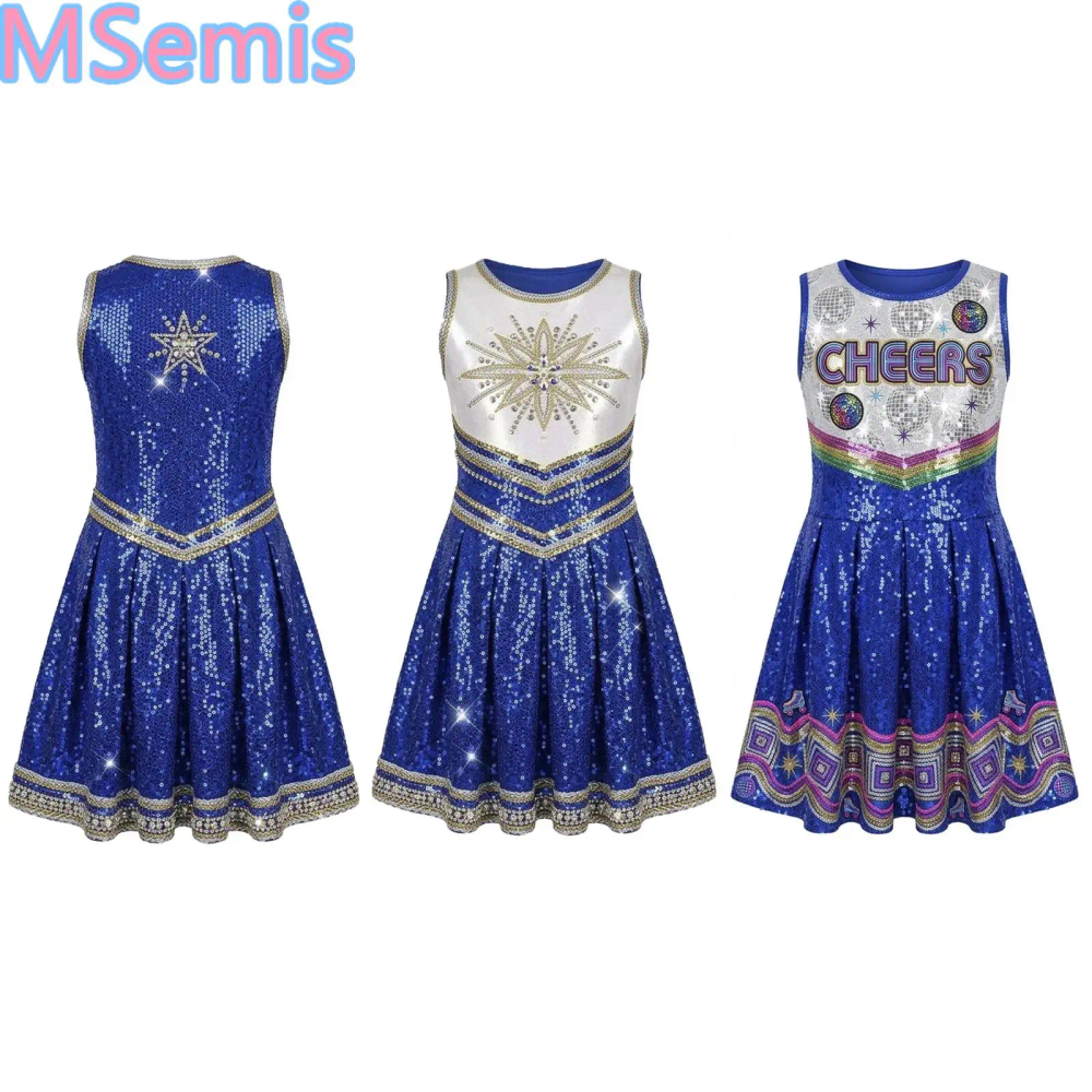Shiny Kid Girls Sequins Cheer Leading Dance Dress Sleeveless Ruffle Aline Dress Cheer Leader Performance Gown for School Sports