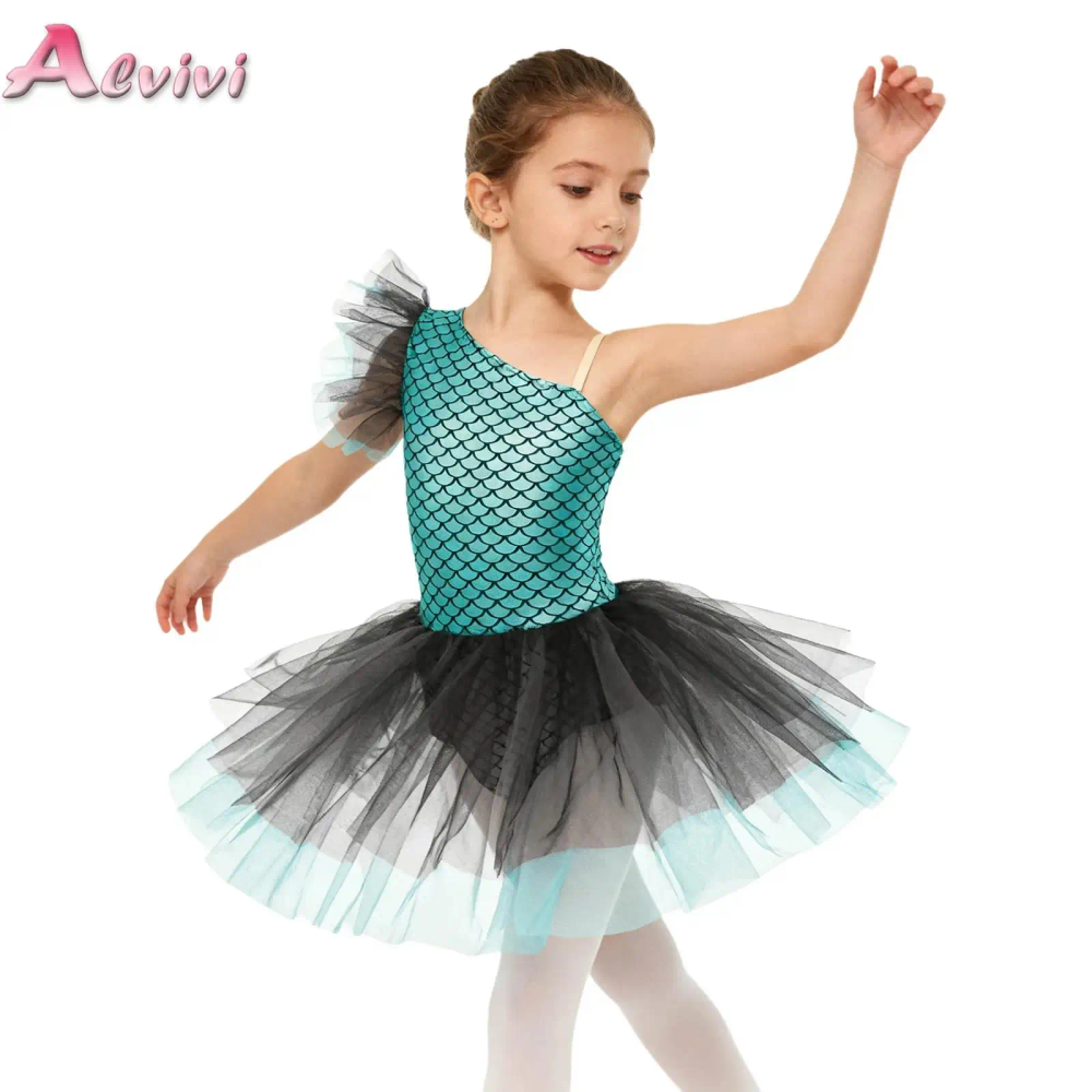 Kid Girls Mermaid Ballet Tutu Dress Gymnastics Leotard Fish Scales Print Halloween Dance Performance Costume Ballerina Dancewear