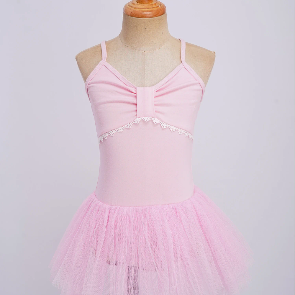 Kids Girls Ballet Dance Dress Spaghetti Straps Ruched Lace Trim Bodice Tulle Dress for Ballerina Practice Performance Outfits