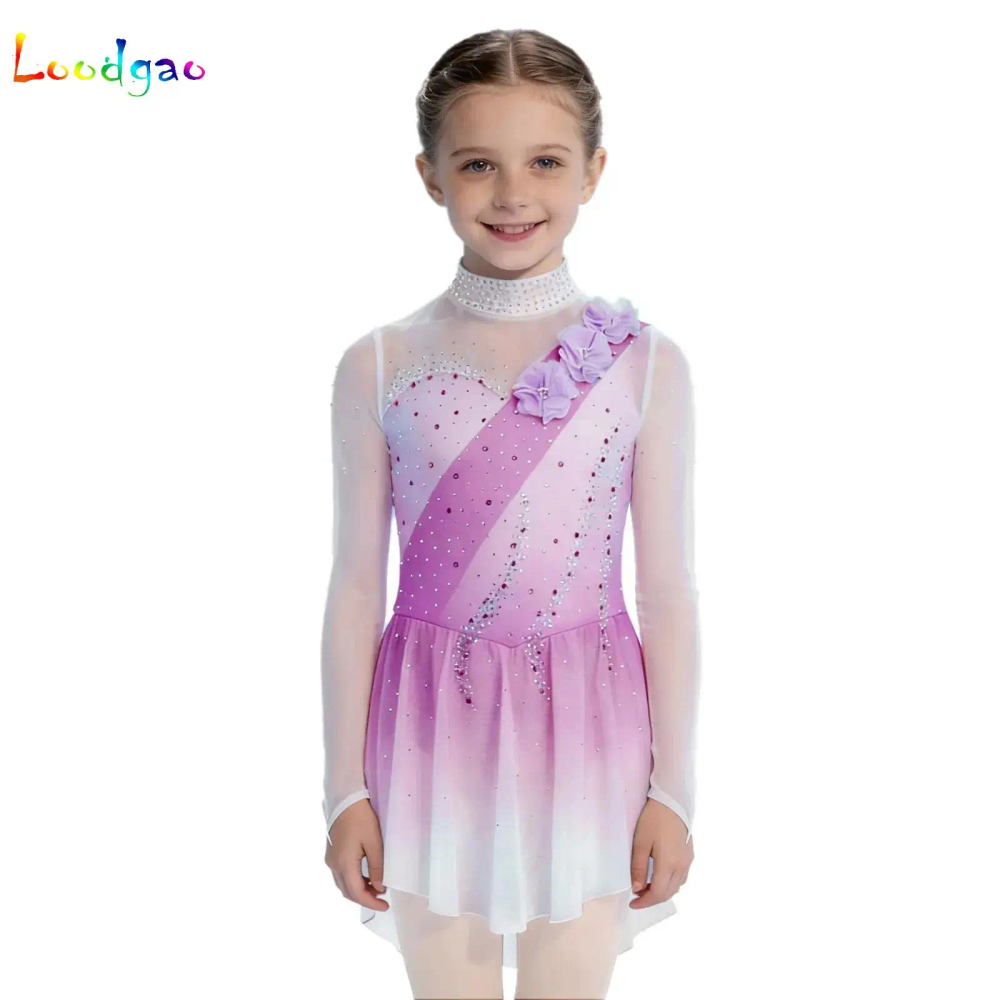 3D Flowers Rhinestones Gradient Color Ballerina Dress Kids Girls Figure Skating Performance Costume Ballet Gymnastics Leotard 3D Flowers Rhinestones Gradient Color Ballerina Dress Kids Girls Figure Skating Performance Costume Ballet Gymnastics Leotard