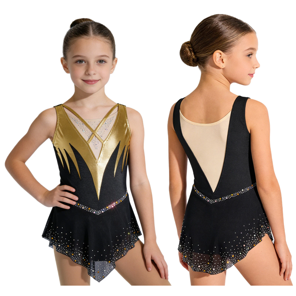 Kids Girls Figure Skating Leotard Dress Metallic Shiny Rhinestone Mesh Dancewear Gymnastics Acrobatics Ballet Dance Bodysuit Kids Girls Figure Skating Leotard Dress Metallic Shiny Rhinestone Mesh Dancewear Gymnastics Acrobatics Ballet Dance Bodysuit