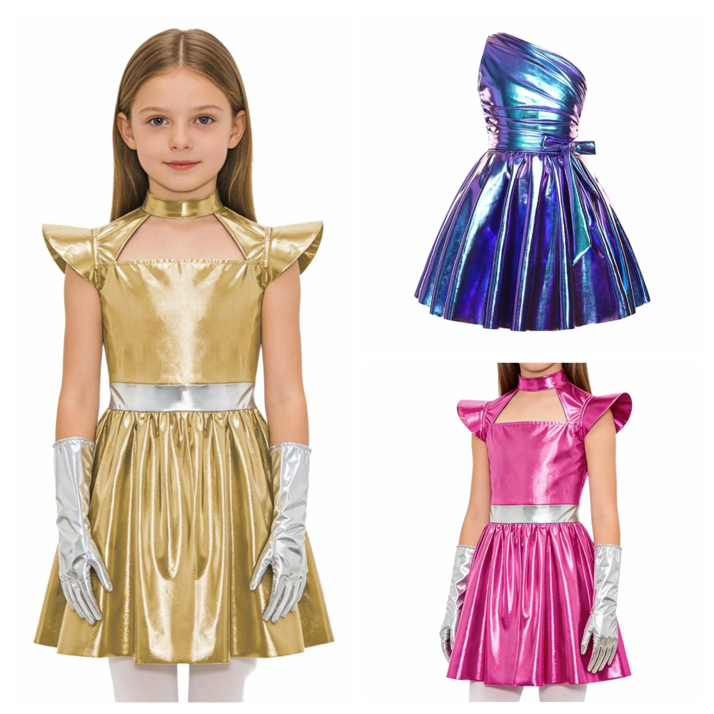 Girls Alien Fancy Dress Costume Child Cosplay Outerspace Metallic Dress Flying Sleeve Theme Party Dress with Gloves Robot Outfit