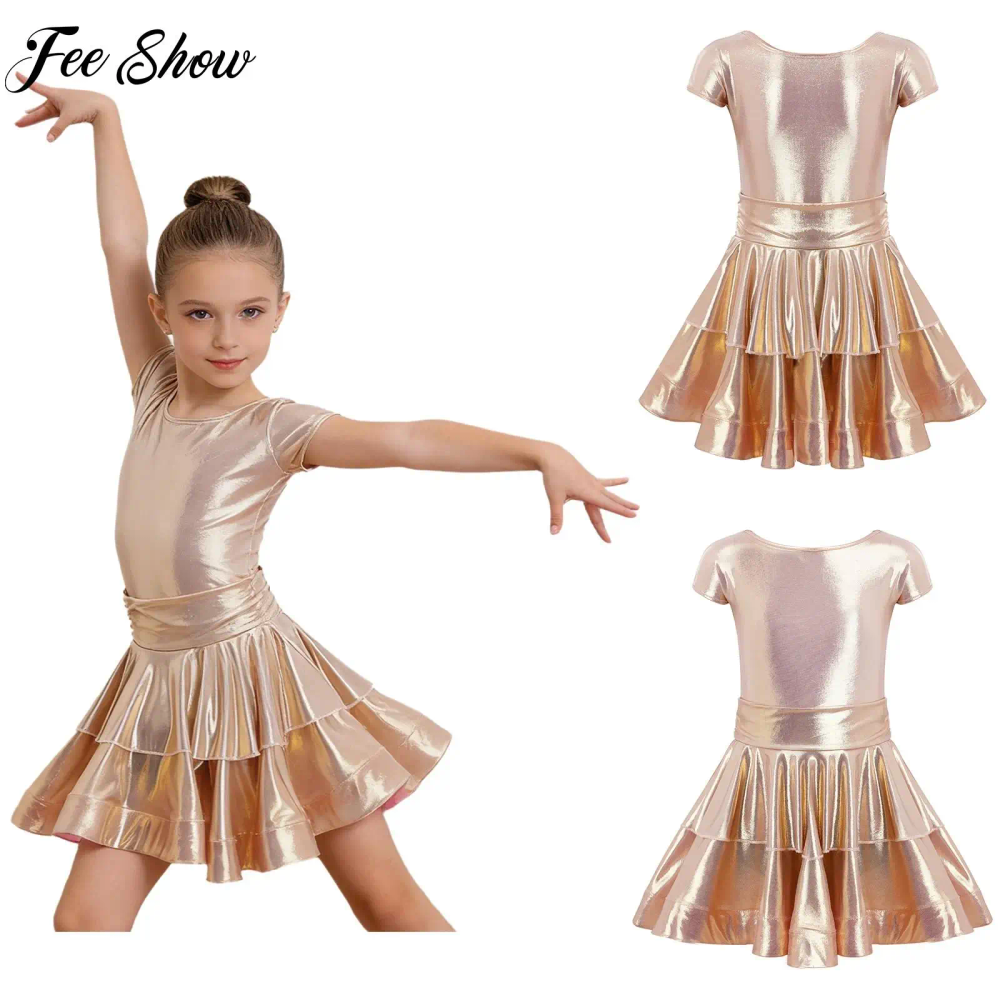Kids Girls Metallic Latin Samba Dance Performance Costume Disco Dancewear Sleeveless Tiered Ruffled Dress with Built-in Briefs Kids Girls Metallic Latin Samba Dance Performance Costume Disco Dancewear Sleeveless Tiered Ruffled Dress with Built-in Briefs