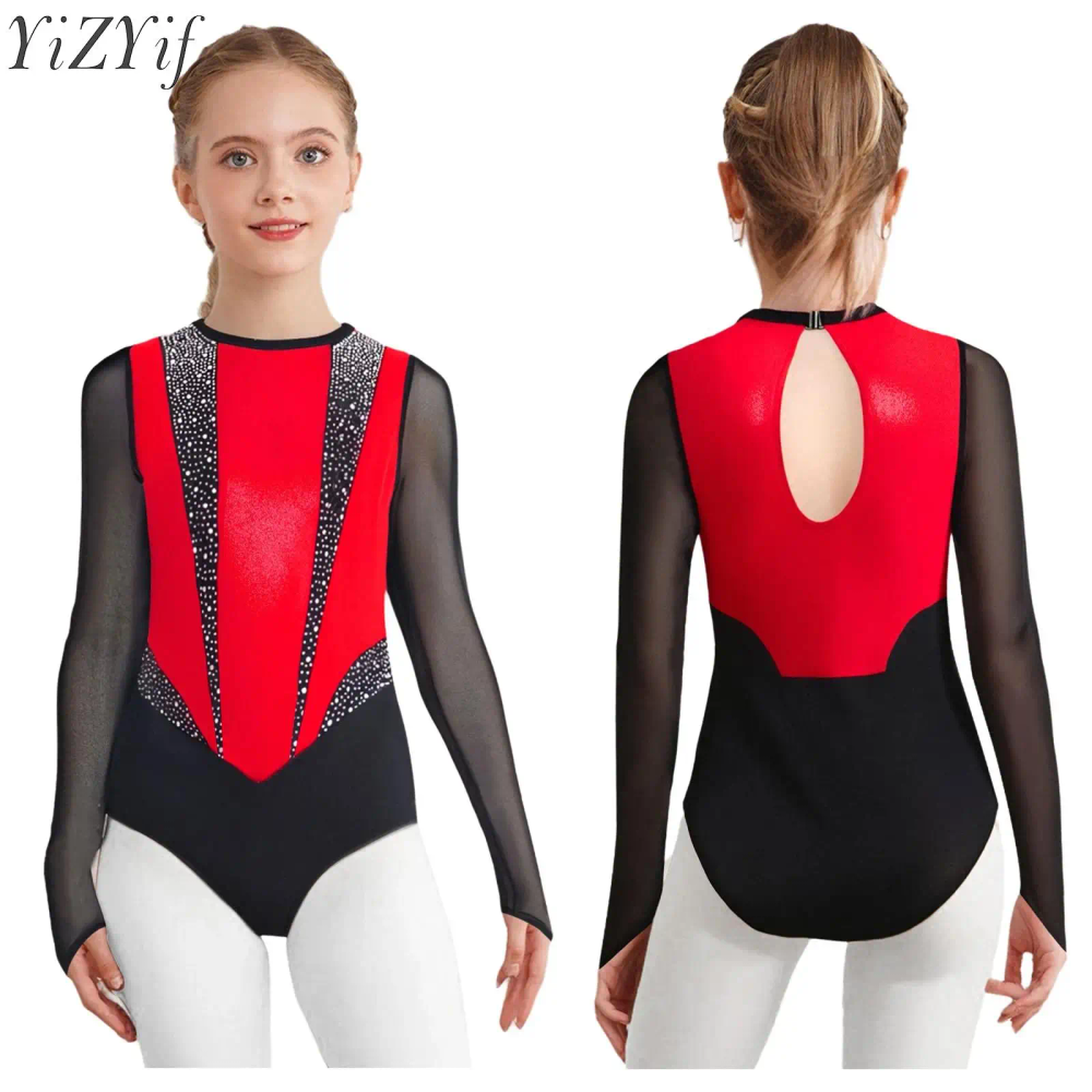 Kids Girls Ballet Gymnastics Leotard Rhinestones Metallic Sheer Mesh Long Sleeves Keyhole Back Figure Skating Dancewear Bodysuit Kids Girls Ballet Gymnastics Leotard Rhinestones Metallic Sheer Mesh Long Sleeves Keyhole Back Figure Skating Dancewear Bodysuit