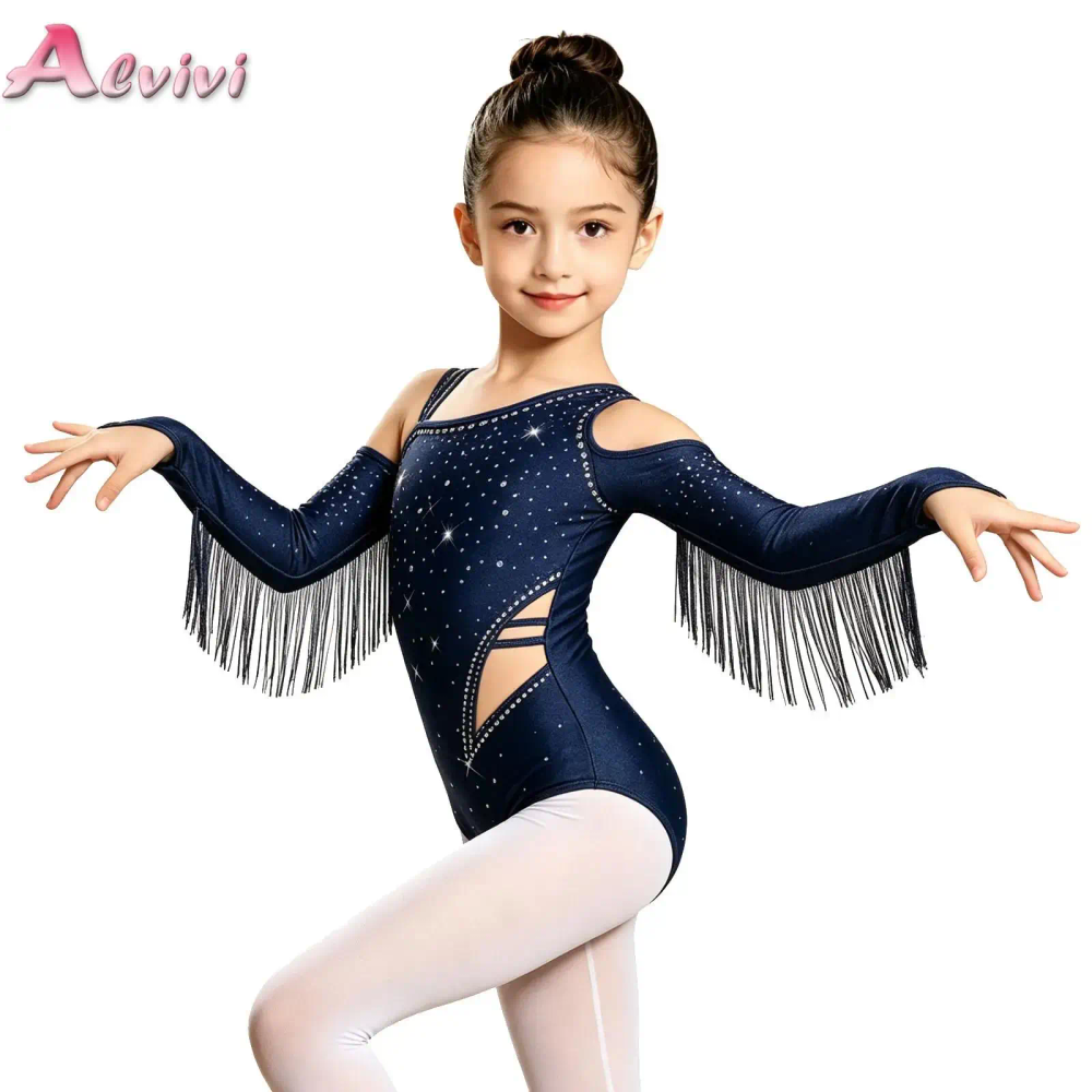 Kids Girls Tassels Long Sleeve Rhinestones Leotard Press Button Crotch Bodysuit Dancewear for Latin Ballet Dance Performance Kids Girls Tassels Long Sleeve Rhinestones Leotard Press Button Crotch Bodysuit Dancewear for Latin Ballet Dance Performance
