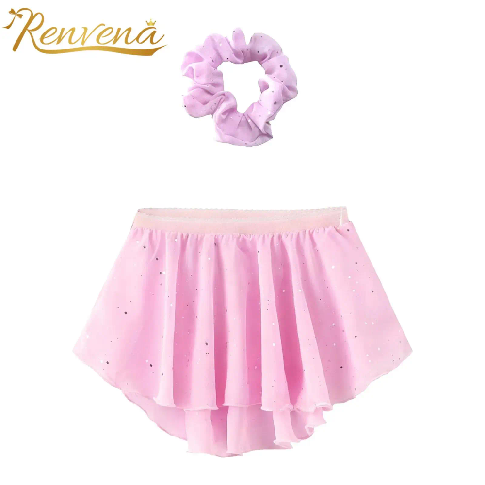 Kids Girls High-Low Hem Ballet Skirt Outfit Childs Elastic Waist Shiny Sequin Chiffon Dance Skirt Ballerina Party Dance Costume