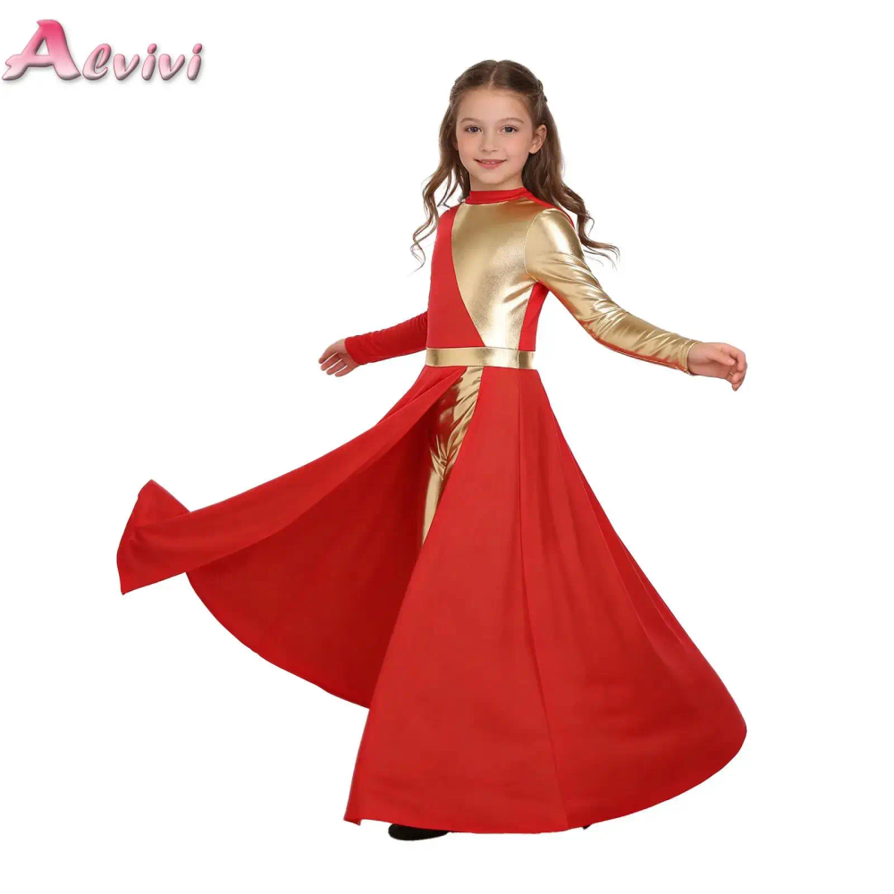 Kids Girls Worship Church Choir Costume Color Block Long Sleeve Ankle Length Praise Dance Split Dress with Built-in Leggings Kids Girls Worship Church Choir Costume Color Block Long Sleeve Ankle Length Praise Dance Split Dress with Built-in Leggings