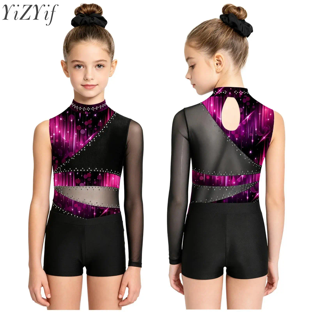 Kids Girls Ballet Gymnastics Sets Rhinestones Dance Unitard and Shorts Outfits for Figure Skating Exhibition Gala Event Wear Kids Girls Ballet Gymnastics Sets Rhinestones Dance Unitard and Shorts Outfits for Figure Skating Exhibition Gala Event Wear