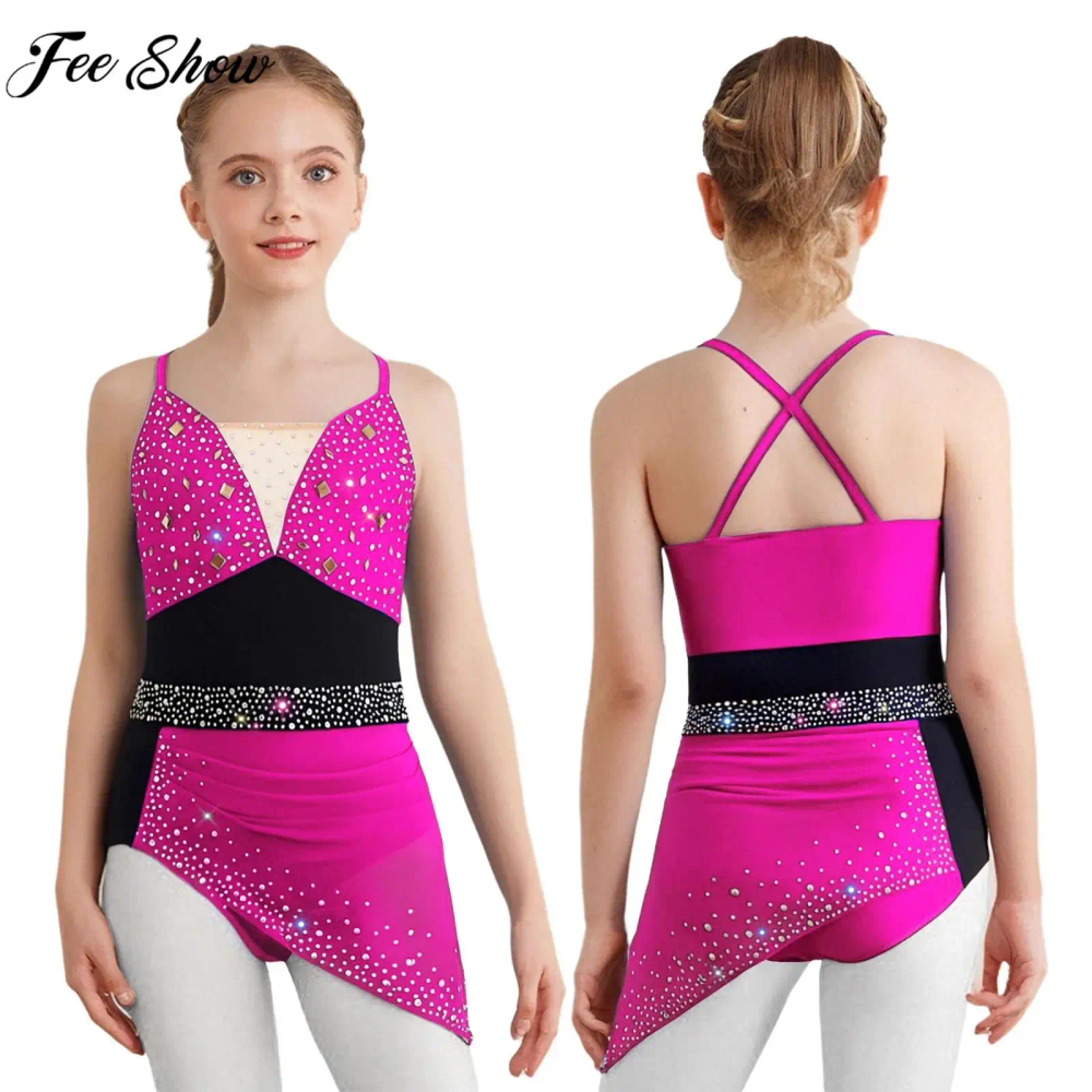 Teen Girls Lyrical Dance Figure Skating Costume Sleeveless Shiny Rhinestones Mesh Leotard Dress for Ballet Gymnastics Acrobatics