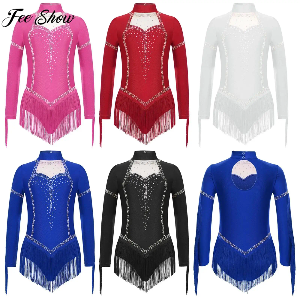 Kids Girls Latin Dance Dress Long Sleeve Rhinestones Mesh Tassels Leotard for Figure Skating Cha-cha Tango Samba Rumba Ballroom