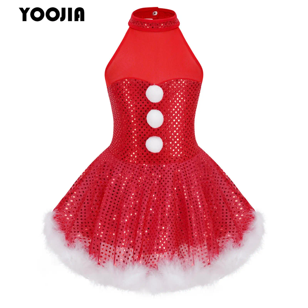 Girls Christmas Santa Snowman Costume Shiny Sequin Halter Neck Tutu Dress Ballet Dance Leotard Figure Ice Skating Twirling Dress