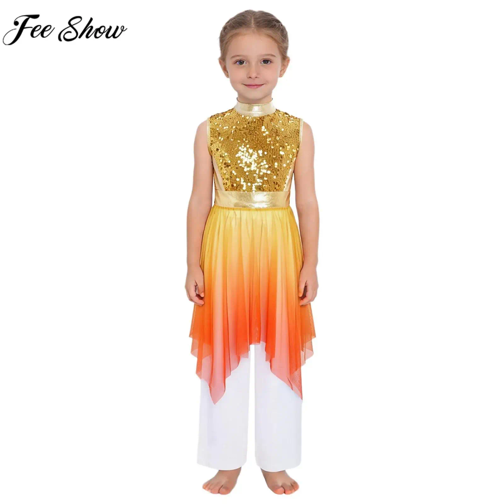 Children Girls Sleeveless Sequins Bodice Lyrical Dance Dress Liturgical Worship Praise Choir Tunic Gown with Pants Dancewear