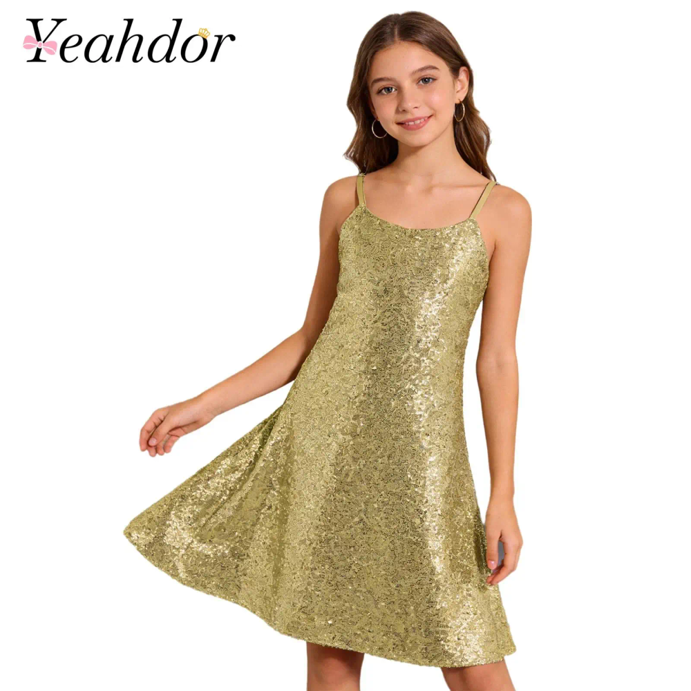 Kids Girls Shiny Sequin Paty Dress Children Spaghetti-strap Dress for Birthday Dance Theme Party Dances Festivals Prom Gown