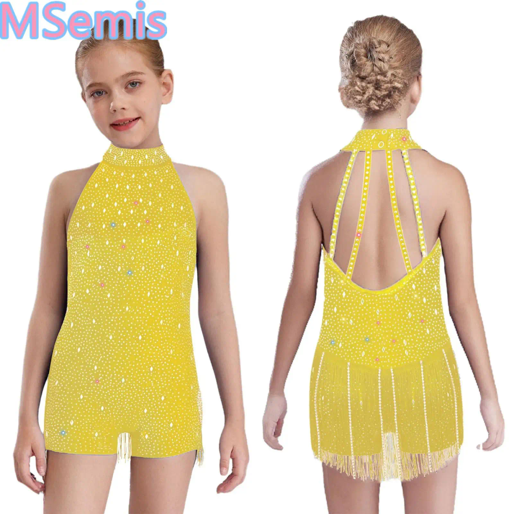 Kids Girls Dance Jumpsuit Fringed Halter Sleeveless Backless Shiny Rhinestones Bodysuit for Latin Jazz Performance Competition
