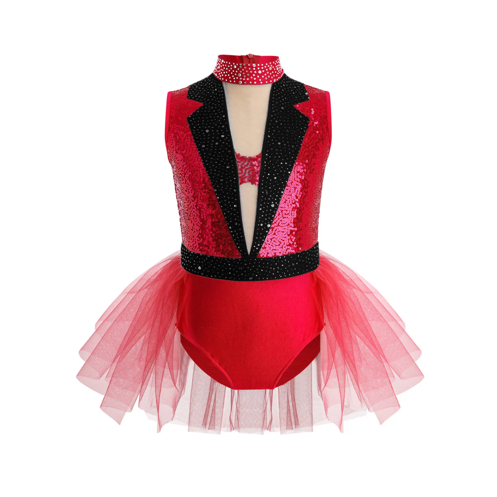 Kids Girls Shiny Sequin Rhinestone Mesh Ballet Jazz Dance Bodysuit Dress Gymnastics Skating Leotard Tutu for Stage Performance