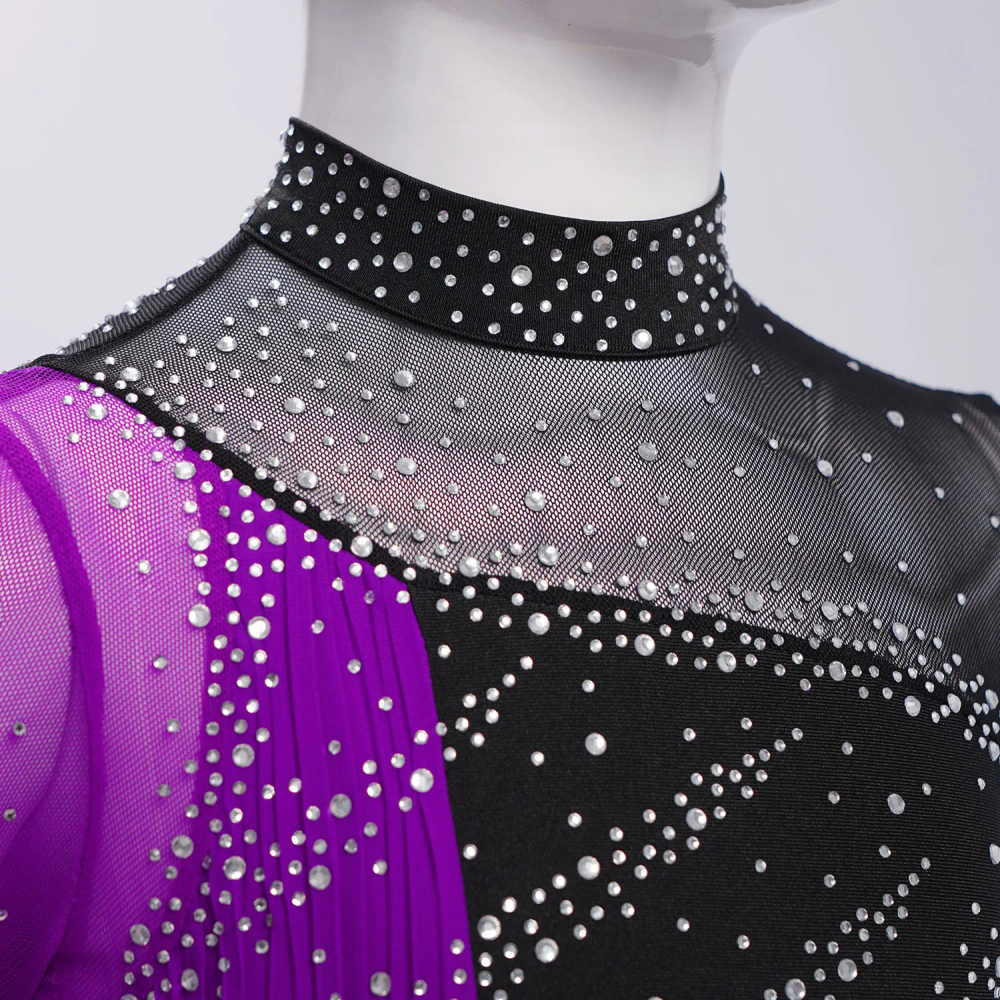 Kids Girls Long Sleeves Figure Skating Dresses Rhinestones Patchwork Ballet Tutu Dance Leotard Dress Stage Performance Costume