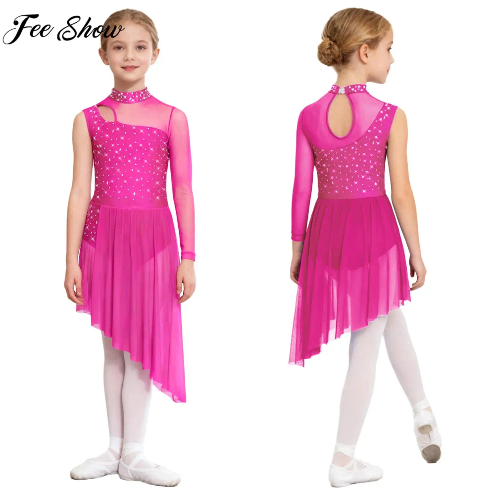 Kids Girls Modern Lyrical Dance Costume Shiny Rhinestones Sheer Mesh Leotard Dress Figure Skating Gymnastics Acrobatics Clothes