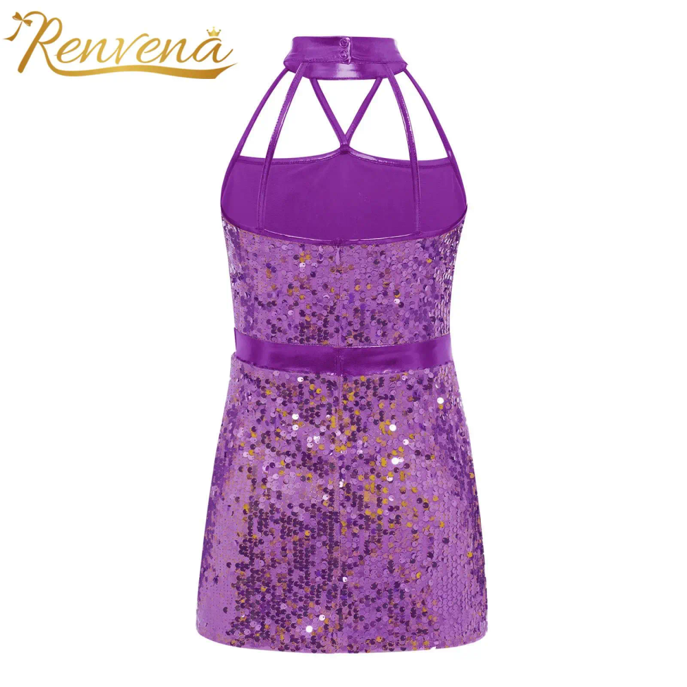 Halter Vestidos Children's Birthday Party Dress Prom Gown 70s Disco Sequins Dresses Kid Sleeveless Dress for Girls Dance Costume