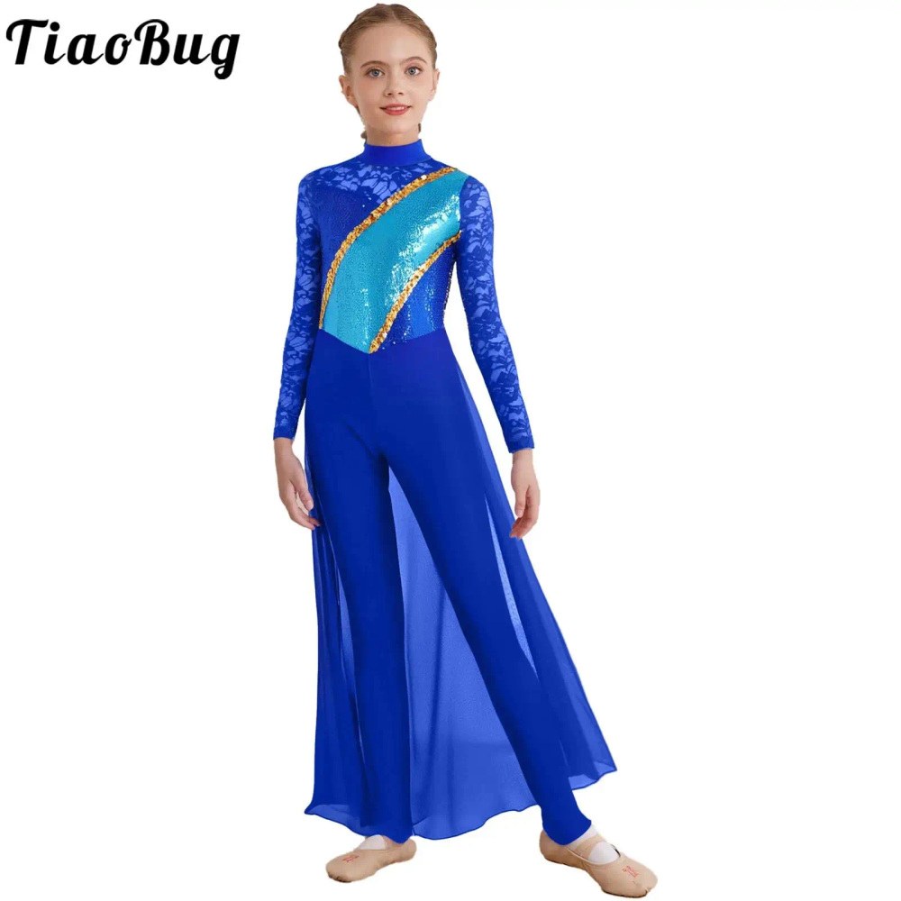 Kids Girls Lyrical Dance Jumpsuit Figure Skating Ballet Gymnastic Dancewear Floral Lace Long Sleeve Sequin Chiffon Dress Leotard