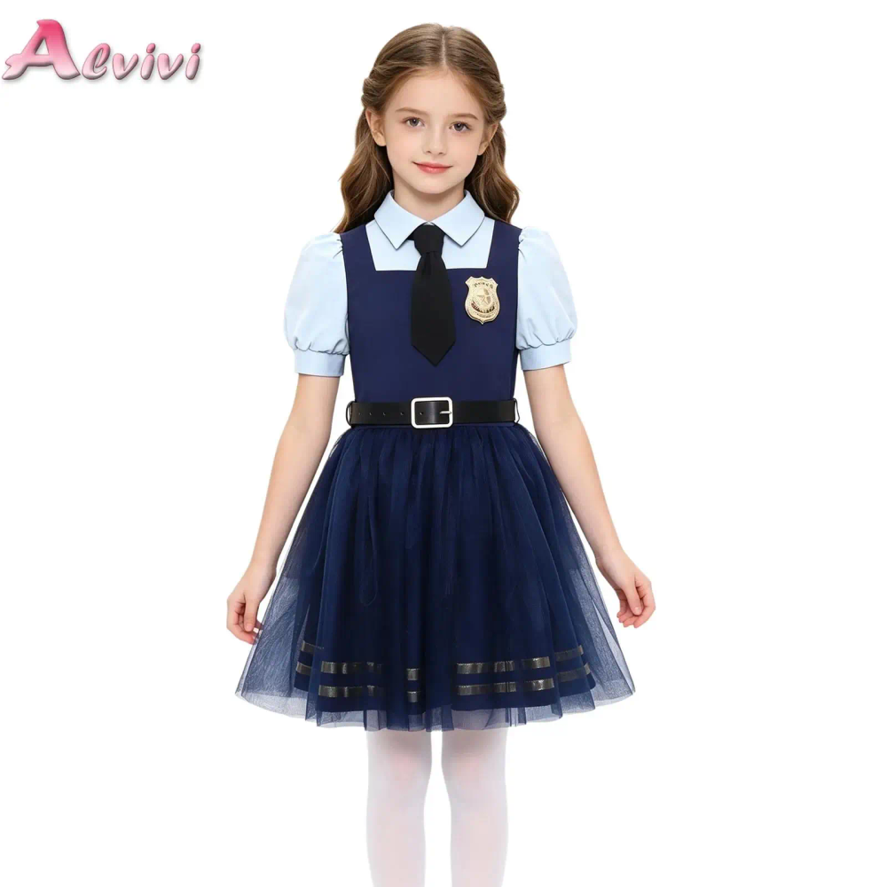 Girls 3 Pcs Halloween Bunny Police Outfit Short Sleeve Back Invisible Zipper Mesh Tutu Dress with Tie and Waistbelt Costumes