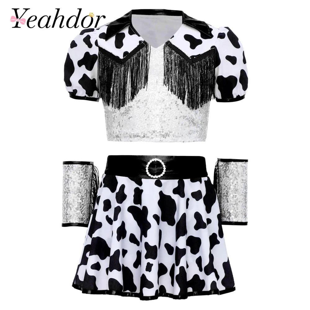 Girls Print Cowgirls Costumes Outfit Shiny Sequins Cow Printed Fringed Crop Top with Shorts Skirt Wrist Cuffs Halloween Costume
