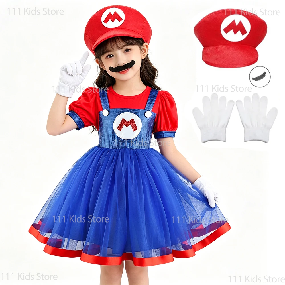 Girls Short Sleeve Summer Dress Mesh Princess Dress Movie Superbro Same Cosplay Costume Children Perform Outfits Birthday Gift