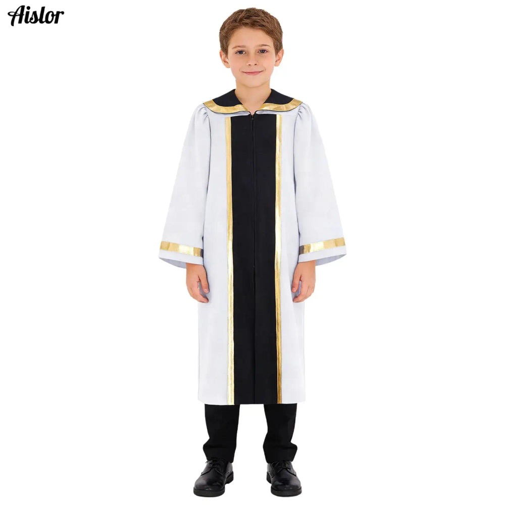 Kids Church Choir Worship Praise Dance Robe Boys Girls Long Sleeve Metallic Gown Christian Pastor Priest Halloween Costume
