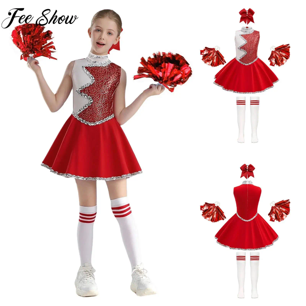 Kids Girls Cheerleading Cheer Leader Dance Outfits Sleeveless Zipper Glittery Sequins Dress with Headwear Flower Balls And Socks