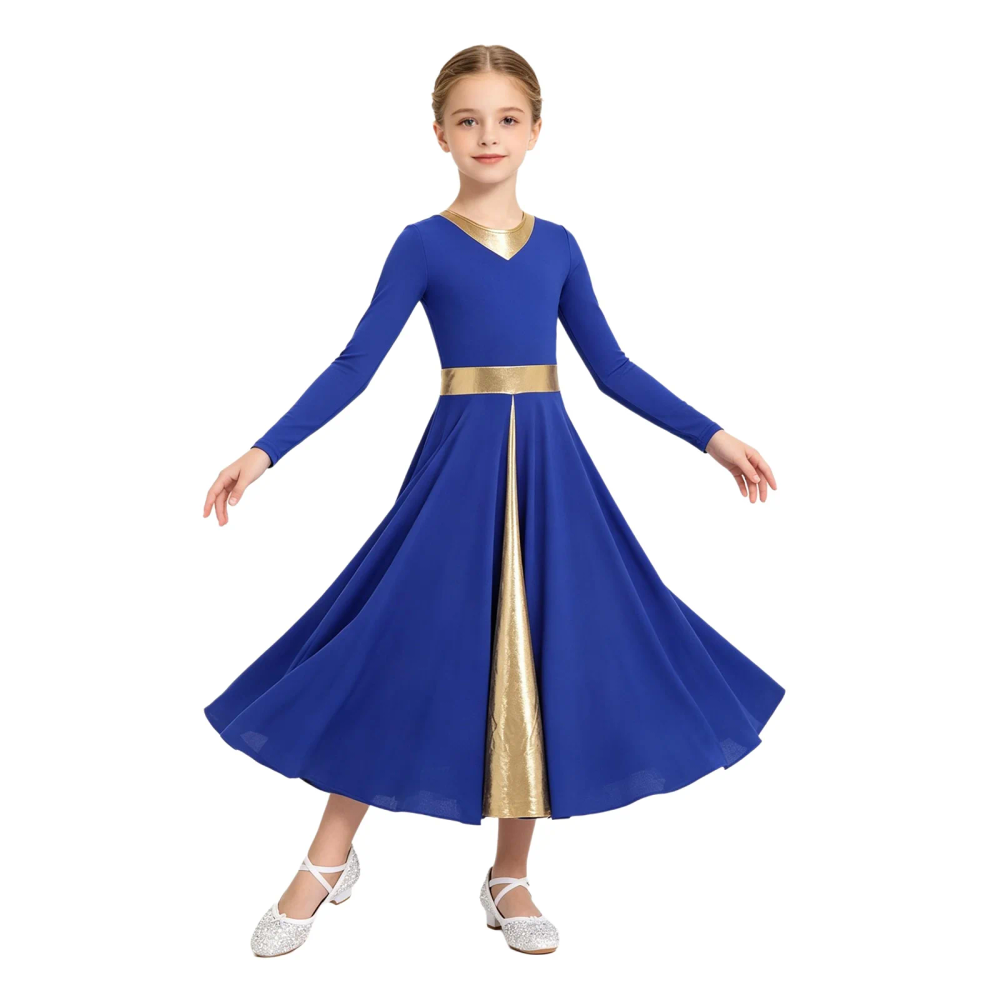 Teen Girl Liturgical Worship Praise Lyrical Dance Dress Long Sleeve Zipper Metallic Color Block Gown Church Choir Robe Dancewear