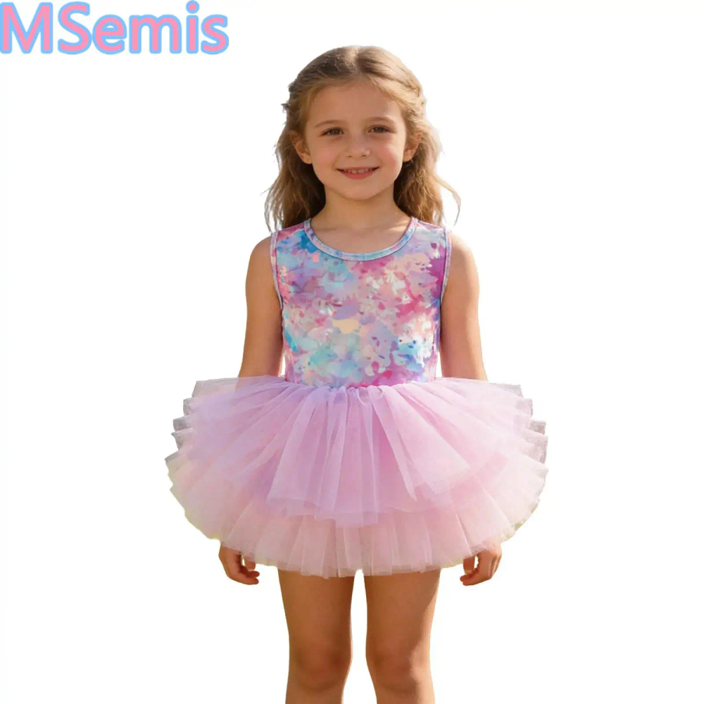 Kid Girls Dance Printed Ballet Dress Sleeveless Tulle Tutu Dress with Built-in Briefs Ballerina Dance Practice Performance Dress