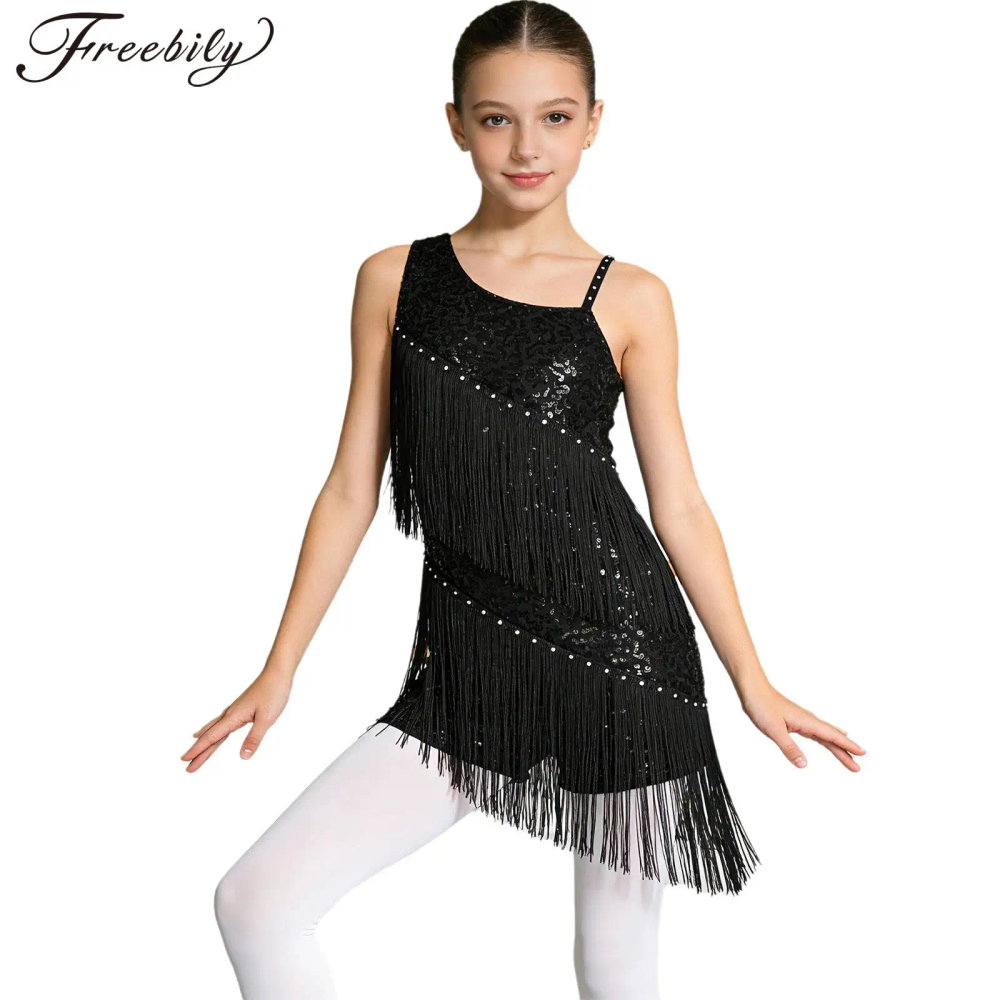 Kids Girls Tassels Latin Dance Leotard Dress Sleeveless Shiny Sequin Fringe Jumpsuit Salsa Tango Chacha Rumba Ballroom Dancewear Kids Girls Tassels Latin Dance Leotard Dress Sleeveless Shiny Sequin Fringe Jumpsuit Salsa Tango Chacha Rumba Ballroom Dancewear
