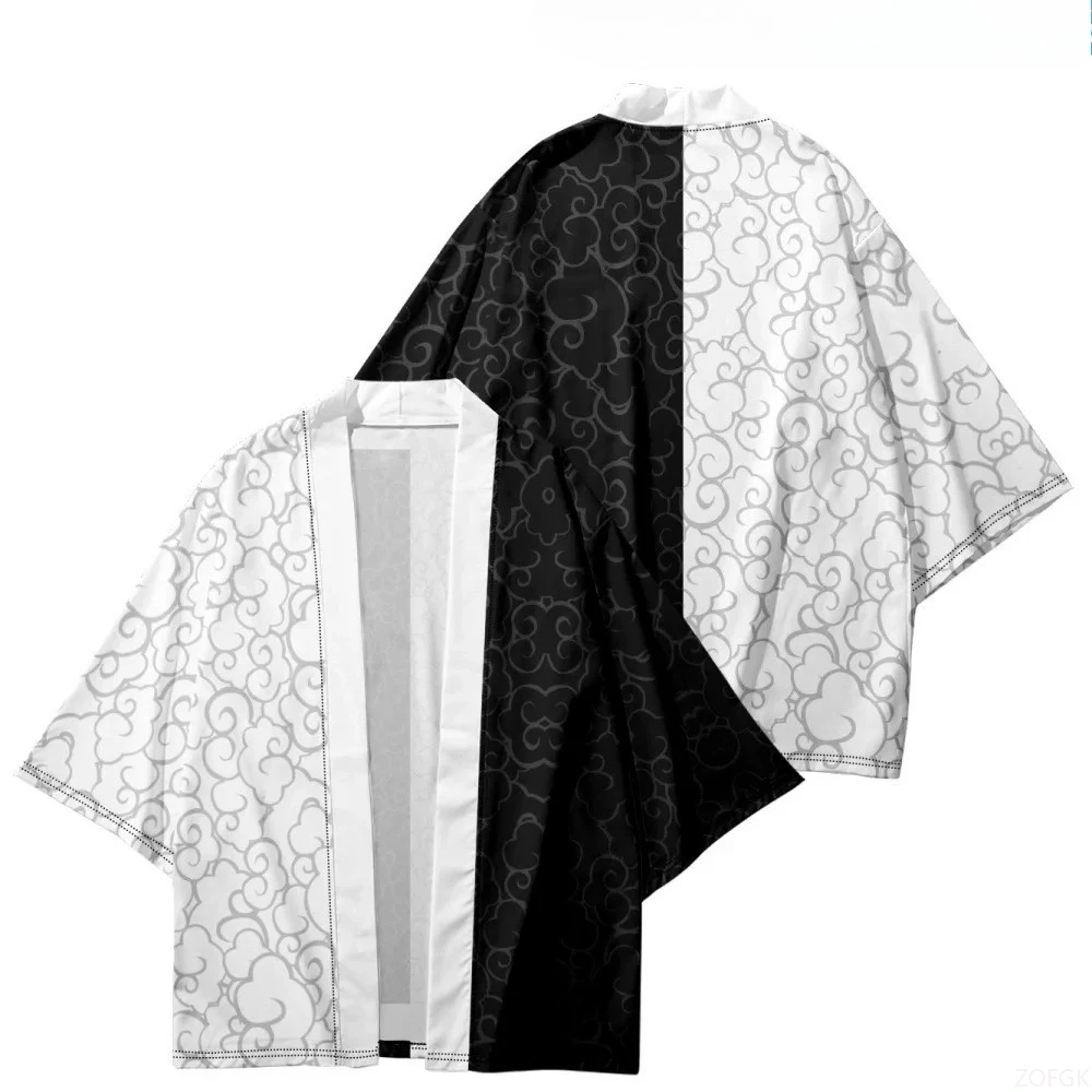 Oriental Black and White Patch Kimono Jacket Women's Flower Loose Open Collar Lightweight Summer Pajamas Bathrobe Oriental Black and White Patch Kimono Jacket Women's Flower Loose Open Collar Lightweight Summer Pajamas Bathrobe