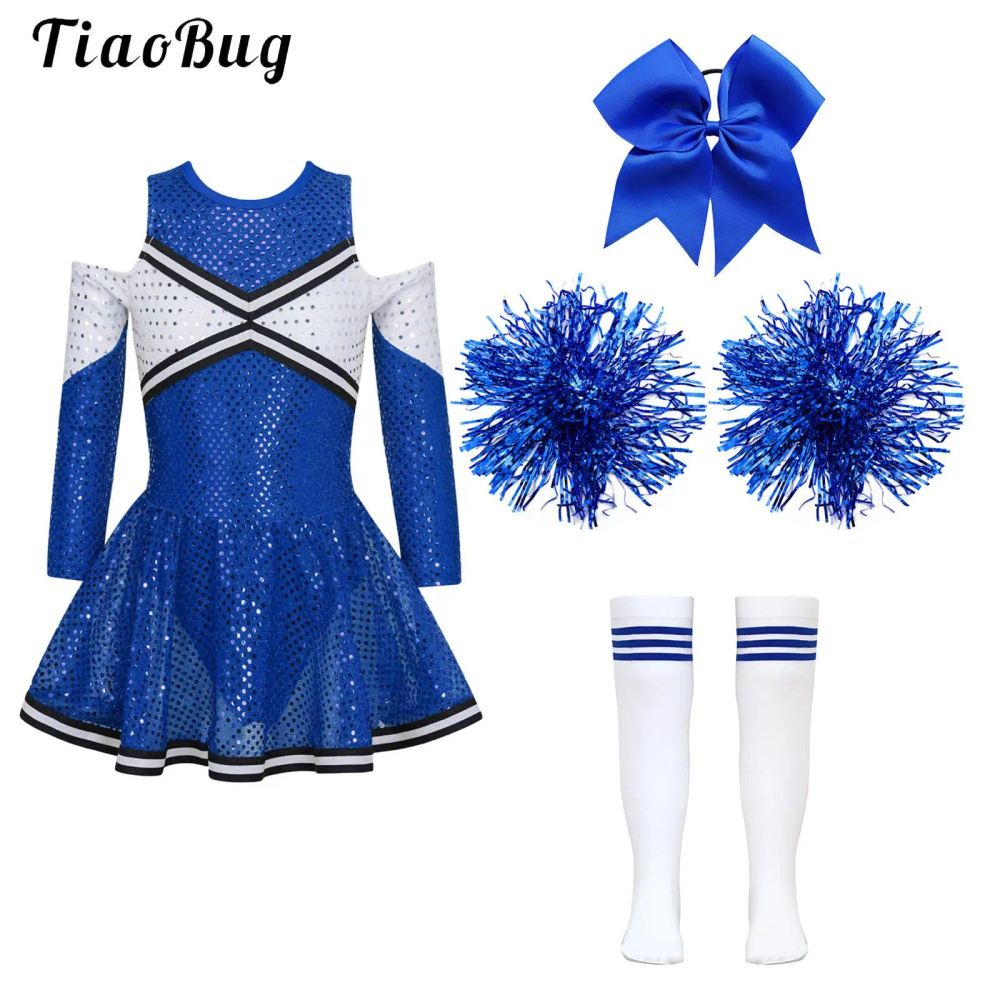 Kids Girls Cheerleading Dance Outfits Long Sleeve Off-Shoulder Sequin Dress with Headwear Hand Flowers Socks Cheerleader Costume Kids Girls Cheerleading Dance Outfits Long Sleeve Off-Shoulder Sequin Dress with Headwear Hand Flowers Socks Cheerleader Costume