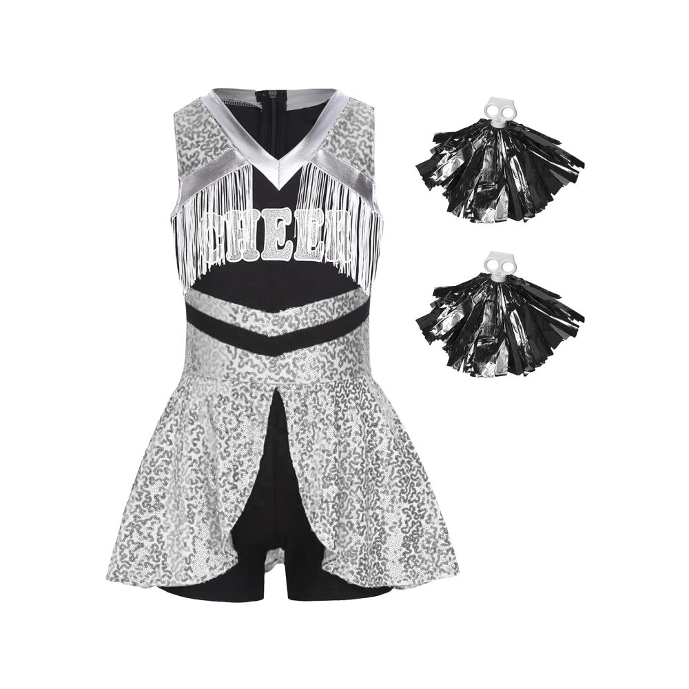 Girls Shiny Sequins Cheerleading Uniform Halloween Party Cheerleader Performance Costume Sleeveless Tassels Cheer Dance Jumpsuit Girls Shiny Sequins Cheerleading Uniform Halloween Party Cheerleader Performance Costume Sleeveless Tassels Cheer Dance Jumpsuit