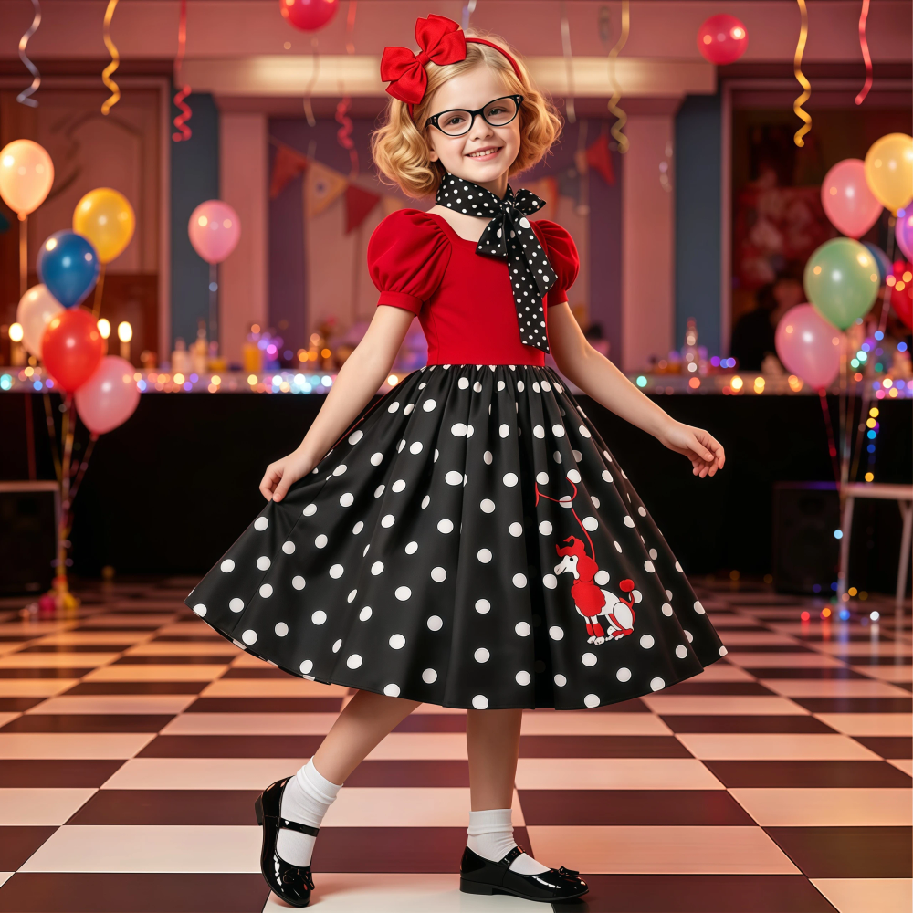 50s Outfit Costume For Girls Kids 50s Poodle Skirt With Glasses Frame Scarf Headband Children Halloween Dress Up Birthday Party 50s Outfit Costume For Girls Kids 50s Poodle Skirt With Glasses Frame Scarf Headband Children Halloween Dress Up Birthday Party