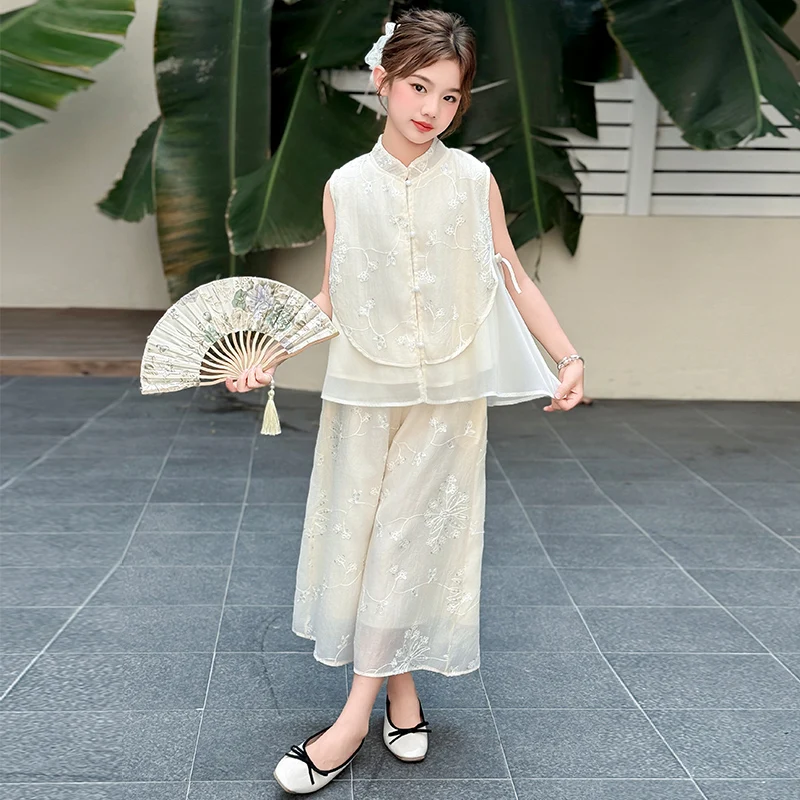 Children Clothes Girls Chinese Style Summer 2026 Embroidered Sleeveless Top and Wide Leg Pants Loose Comfortable Children Clothes Girls Chinese Style Summer 2026 Embroidered Sleeveless Top and Wide Leg Pants Loose Comfortable